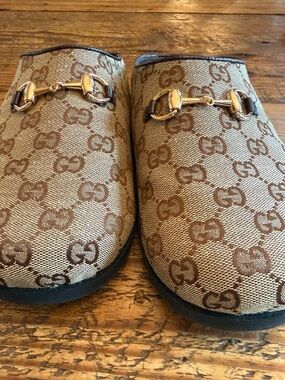 Gucci Beige/Brown GG Canvas Horsebit Slip-On Mules